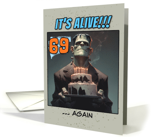 69 Years Old Happy Birthday Frankenstein's Monster with Cake card