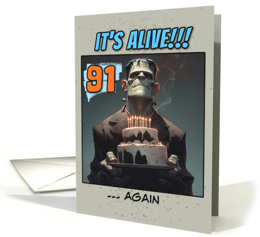 91 Years Old Happy Birthday Frankenstein's Monster with Cake card
