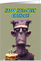 Happy Halloween Birthday Frankenstein’s Monster with Cake card