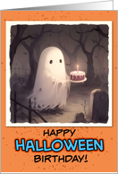 Happy Halloween Birthday Ghost with Cake at Cemetary card