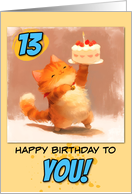 13 Years Old Happy Birthday Ginger Kitty with Cake card