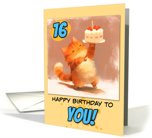 16 Years Old Happy Birthday Ginger Kitty with Cake card (1859724)