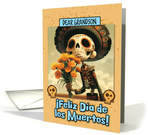 Grandson Dia de los Muertos Skeleton with Marigolds card (1860232)