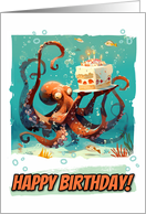 Happy Birthday Cute Octopus with Birthday Cake card