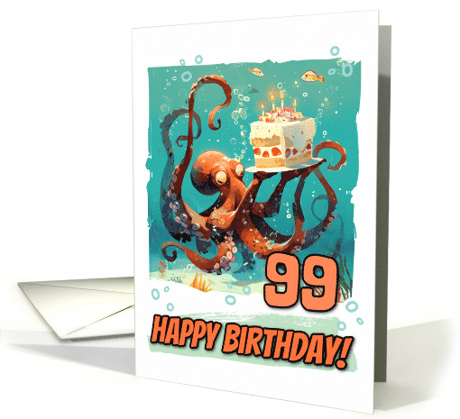 99 Years Old Happy Birthday Cute Octopus with Birthday Cake card