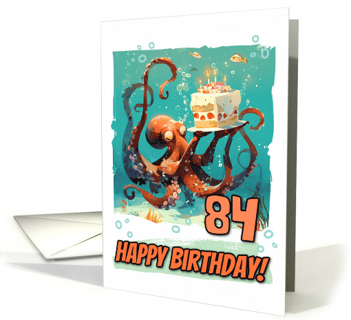 84 Years Old Happy Birthday Cute Octopus with Birthday Cake card
