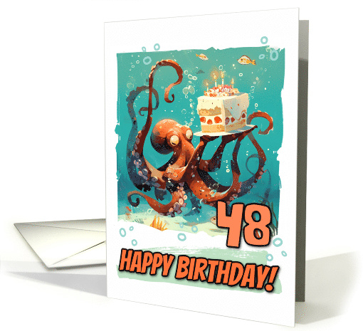 48 Years Old Happy Birthday Cute Octopus with Birthday Cake card