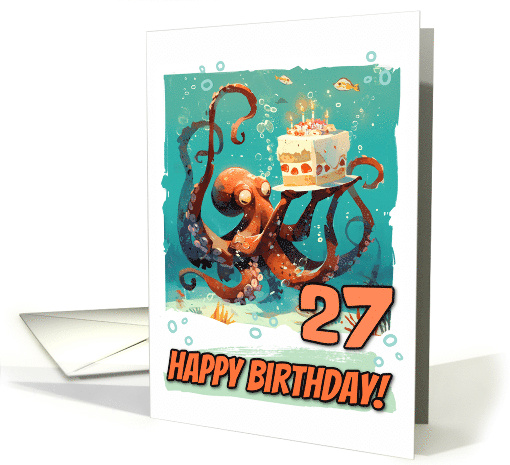 27 Years Old Happy Birthday Cute Octopus with Birthday Cake card