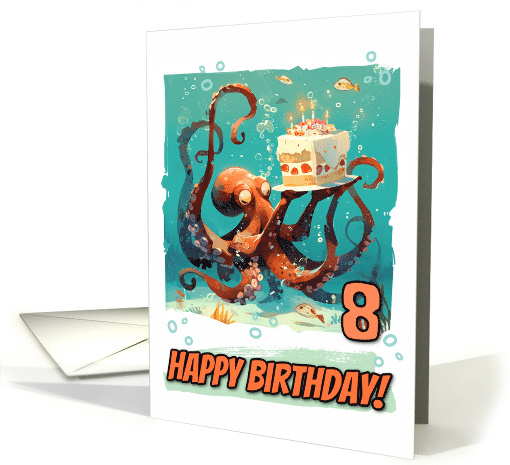 8 Years Old Happy Birthday Cute Octopus with Birthday Cake card