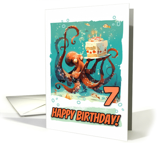 7 Years Old Happy Birthday Cute Octopus with Birthday Cake card