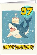 97 Years Old Happy Birthday Shark with Birthday Cake card