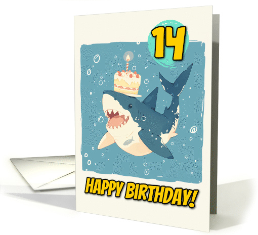 14 Years Old Happy Birthday Shark with Birthday Cake card (1863028)
