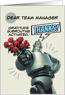 Team Manager Thank You Robot with Bouquet of Roses card
