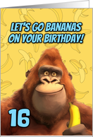 16 Years Old Happy Birthday Cartoon Gorilla with Banana card