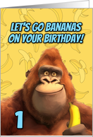 1 Year Old Happy Birthday Cartoon Gorilla with Banana card