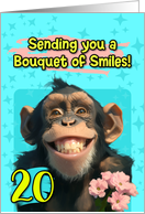 20 Years Old Happy Birthday Smiling Chimpanzee with Flowers card