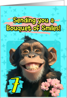7 Years Old Happy Birthday Smiling Chimpanzee with Flowers card