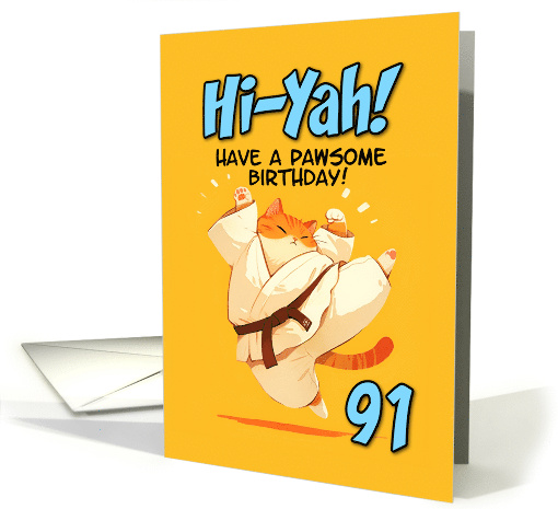 91 Years Old Happy Birthday Cartoon Karate Kick Ginger Cat card