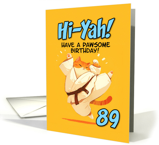89 Years Old Happy Birthday Cartoon Karate Kick Ginger Cat card