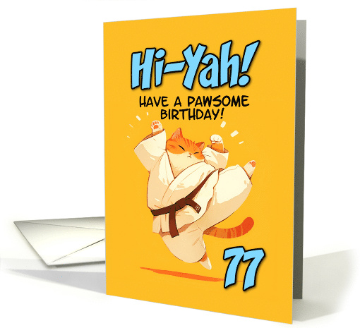77 Years Old Happy Birthday Cartoon Karate Kick Ginger Cat card
