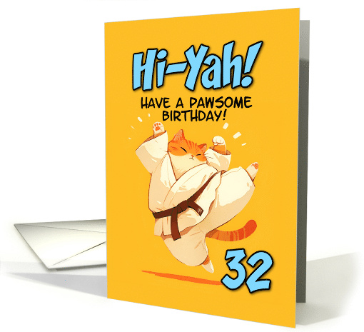 32 Years Old Happy Birthday Cartoon Karate Kick Ginger Cat card