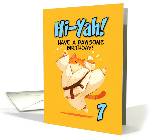 7 Years Old Happy Birthday Cartoon Karate Kick Ginger Cat card