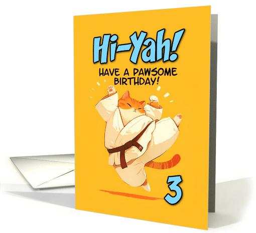 3 Years Old Happy Birthday Cartoon Karate Kick Ginger Cat card