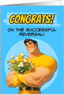 Congrats Vasectomy Reversal Cute Cartoon Super Hero with Flowers card