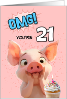 21 Years Old Happy Birthday Piglet with Cupcake card