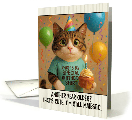 Happy Birthday Tabby and White Cat with T Shirt and Cupcake card