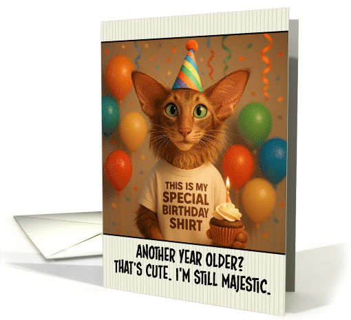 Happy Birthday Oriental Longhair Cat with T Shirt and Cupcake card