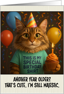 Happy Birthday Maine Coon Cat with T Shirt and Cupcake card