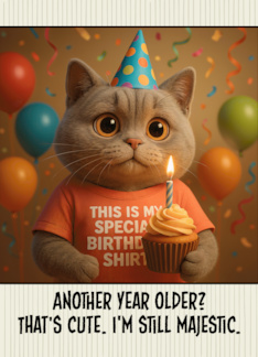 Happy Birthday British Shorthair Cat with T Shirt and Cupcake