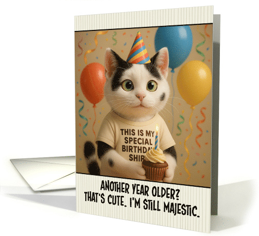 Happy Birthday Black and White Cat with T Shirt and Cupcake card
