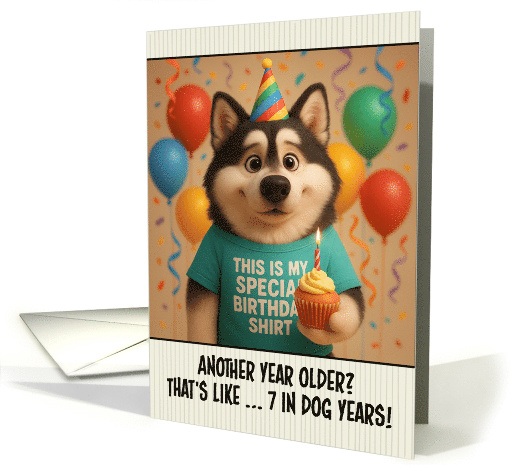 Happy Birthday Alaskan Malamute Dog with T Shirt and Cupcake card