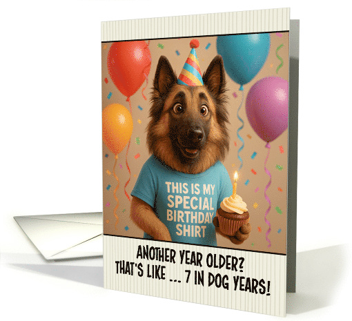 Happy Birthday Belgian Tervuren Dog with T Shirt and Cupcake card