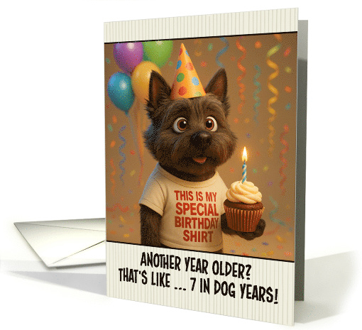 Happy Birthday Cairn Terrier Dog with T Shirt and Cupcake card
