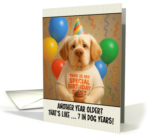 Happy Birthday Clumber Spaniel Dog with T Shirt and Cupcake card