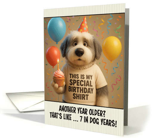 Happy Birthday Old English Sheepdog with T Shirt and Cupcake card