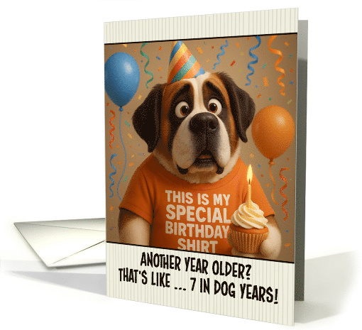 Happy Birthday Saint Bernard Dog with T Shirt and Cupcake card