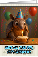 Happy Birthday Armadillo with Party Hat and Birthday Cake card