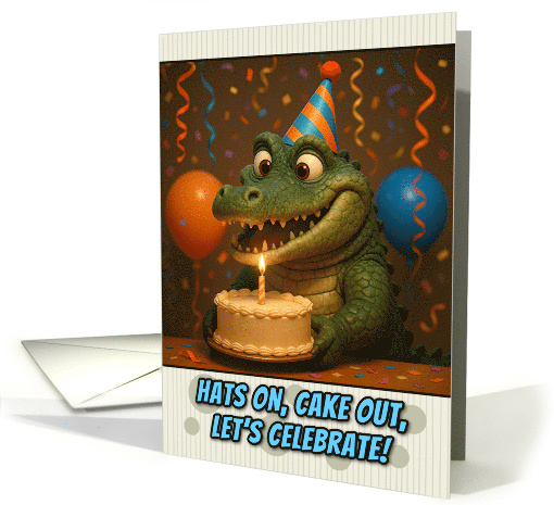 Happy Birthday Alligator with Party Hat and Birthday Cake card