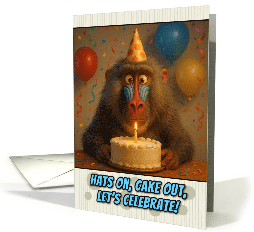 Happy Birthday Baboon with Party Hat and Birthday Cake card (1925212)