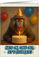 Happy Birthday Baboon with Party Hat and Birthday Cake card