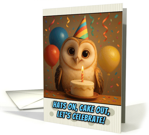 Happy Birthday Barn Owl with Party Hat and Birthday Cake card