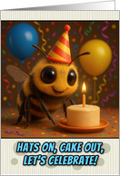 Happy Birthday Bee with Party Hat and Birthday Cake card