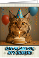 Happy Birthday Bobcat with Party Hat and Birthday Cake card
