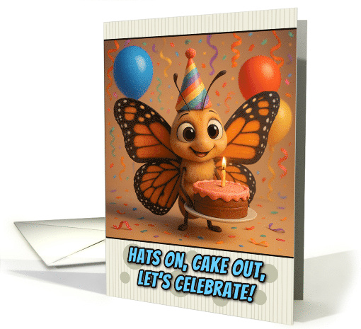 Happy Birthday Butterfly with Party Hat and Birthday Cake card
