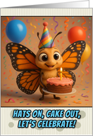 Happy Birthday Butterfly with Party Hat and Birthday Cake card