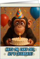 Happy Birthday Chimpanzee with Party Hat and Birthday Cake card